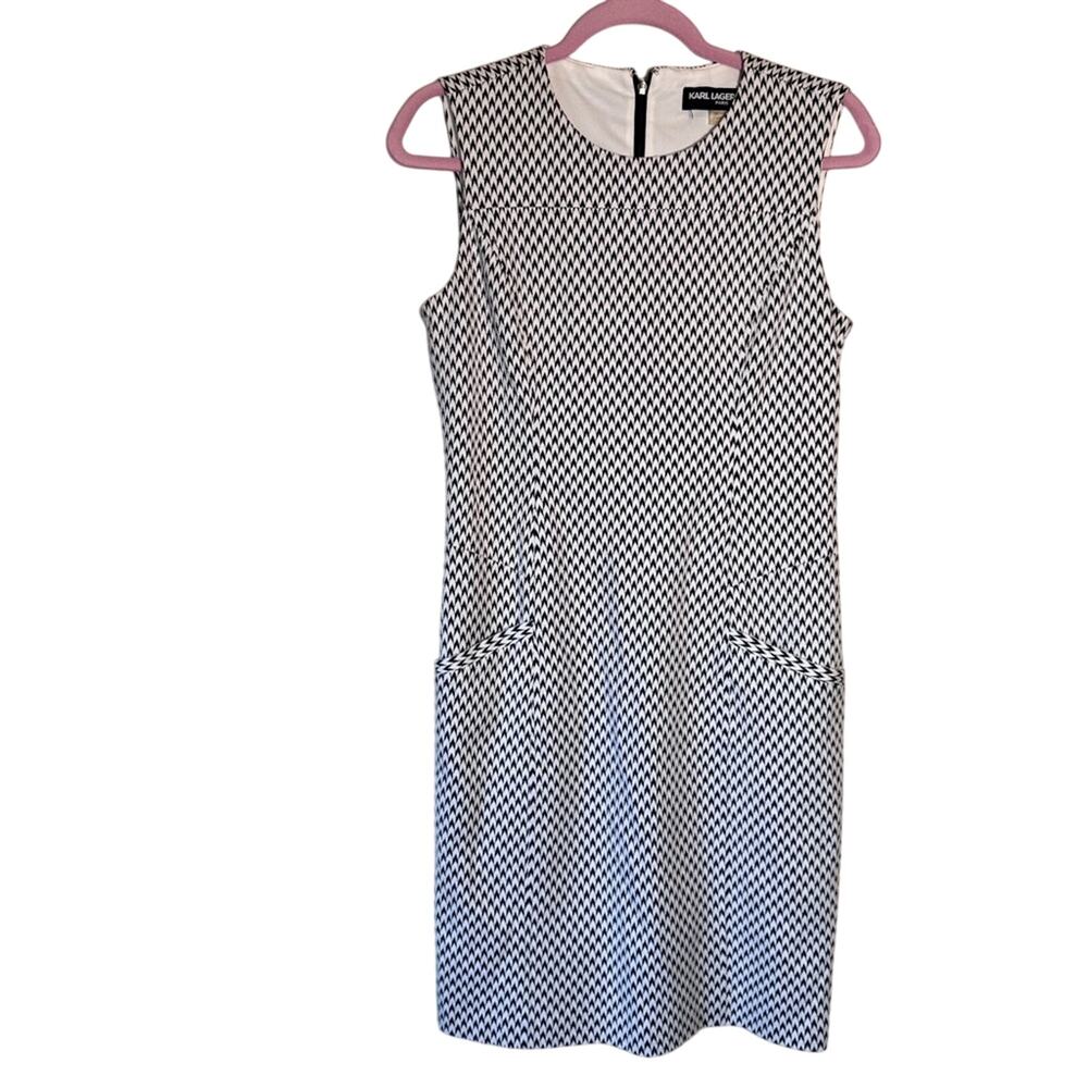 Karl Lagerfeld Black White Geometric Print Sheath Dress Womens 6 Sleeveless Mini